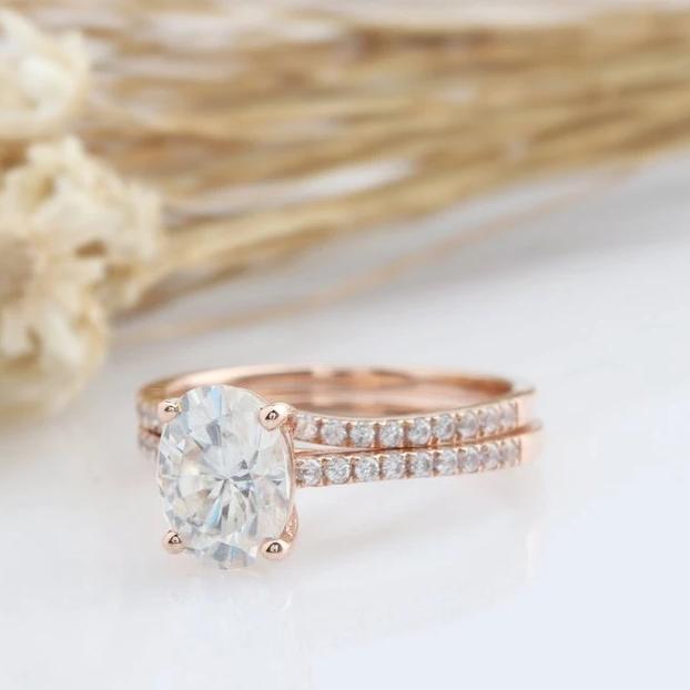 Art Deco Oval Morganite Engagement Ring Diamond Wedding Band 14K Rose Gold